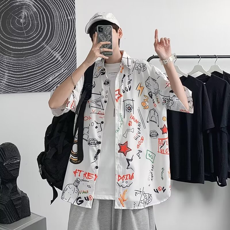 Summer Thin Retro Beach Floral Shirt Pi Shuai Tai Hawaiian Hong Kong Style Loose Men's Beach Floral Fancy Shirt