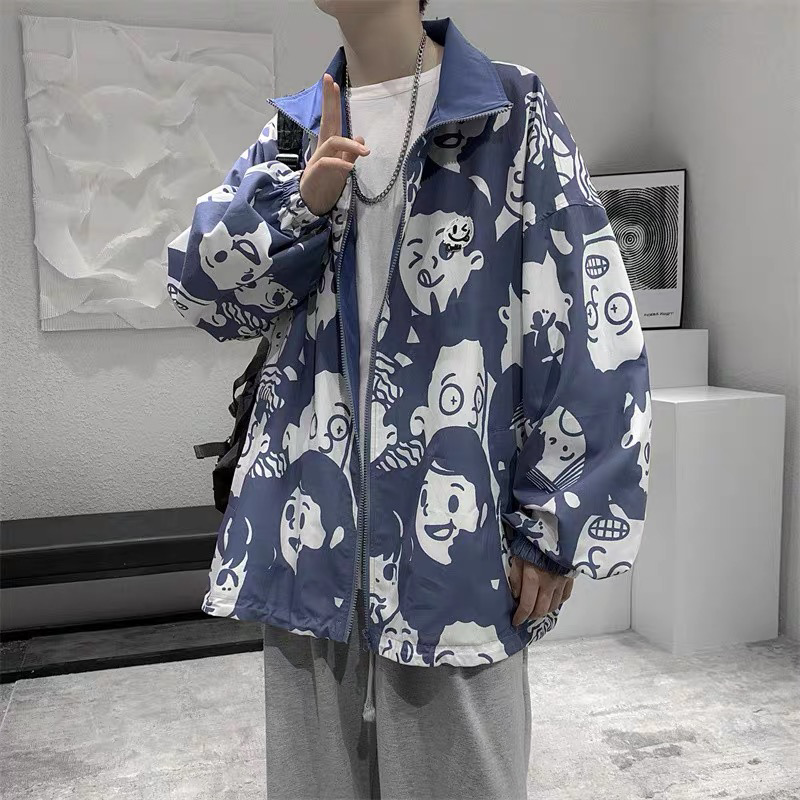  New Spring and Autumn Retro Trendy Brand Jacket Men's High Street Full Print Contrast Color Hooded Jacket Trendy