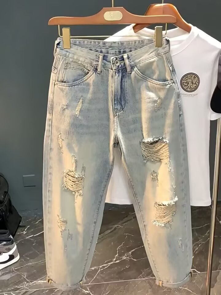 Can be returned and exchanged in second batch, spring and autumn jeans, new trendy retro small straight, breathable, versatile, slimming and ripped pants