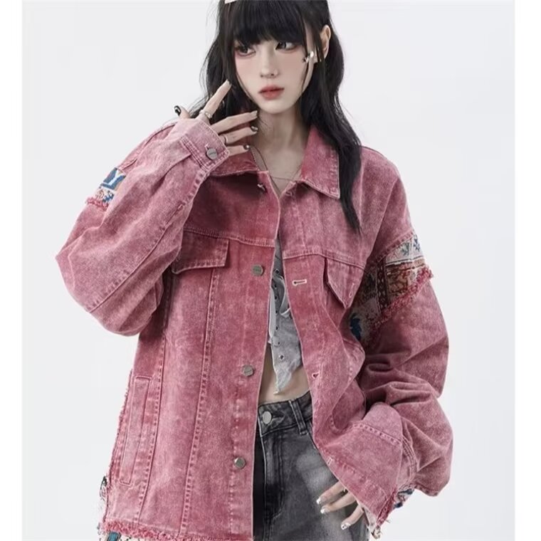 Spring and Autumn New American Retro Jacket Loose Vintage Sweet Cool Pink Splicing Workwear Denim Jacket for Women