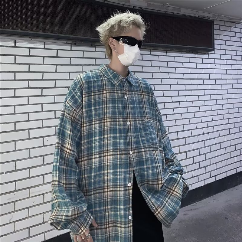 2024 American retro plaid shirt autumn loose long-sleeved plaid shirt high-end trendy brand jacket