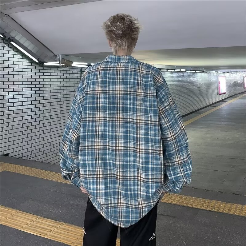 2024 American retro plaid shirt autumn loose long-sleeved plaid shirt high-end trendy brand jacket