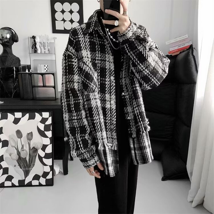 Fake two pieces of small fragrant style woven splicing plaid jacket women's trendy brand ins design niche casual handsome jacket