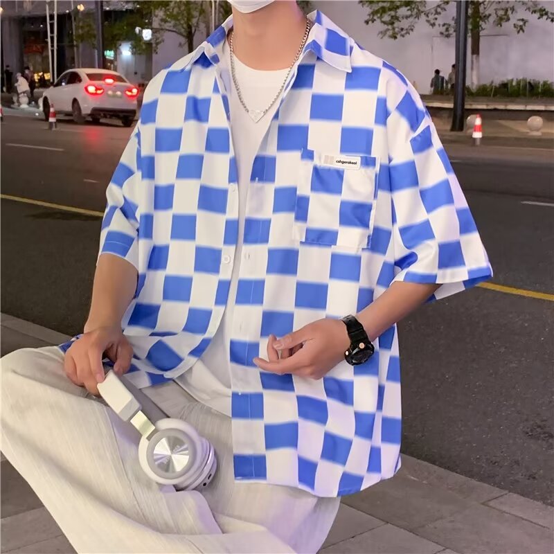 Shirt men's summer street patchwork checkerboard shirt jacket loose casual short-sleeved top trendy