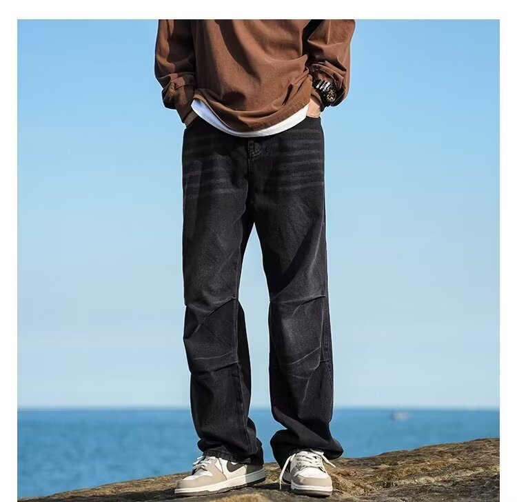 American black all-match washed pleated jeans hiphop harem casual high street pants men's trendy trousers