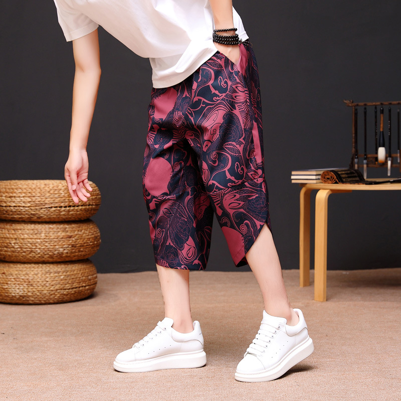 Shorts, beach shorts, men's cropped pants, Japanese trendy summer large size retro ethnic style men's mid-length pants