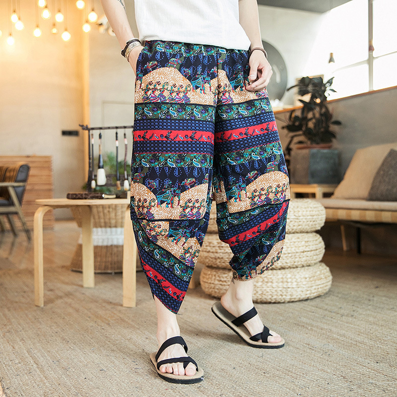 Ethnic style printed casual nine-point pants for men 2024 summer new harem pants elastic waisted pants