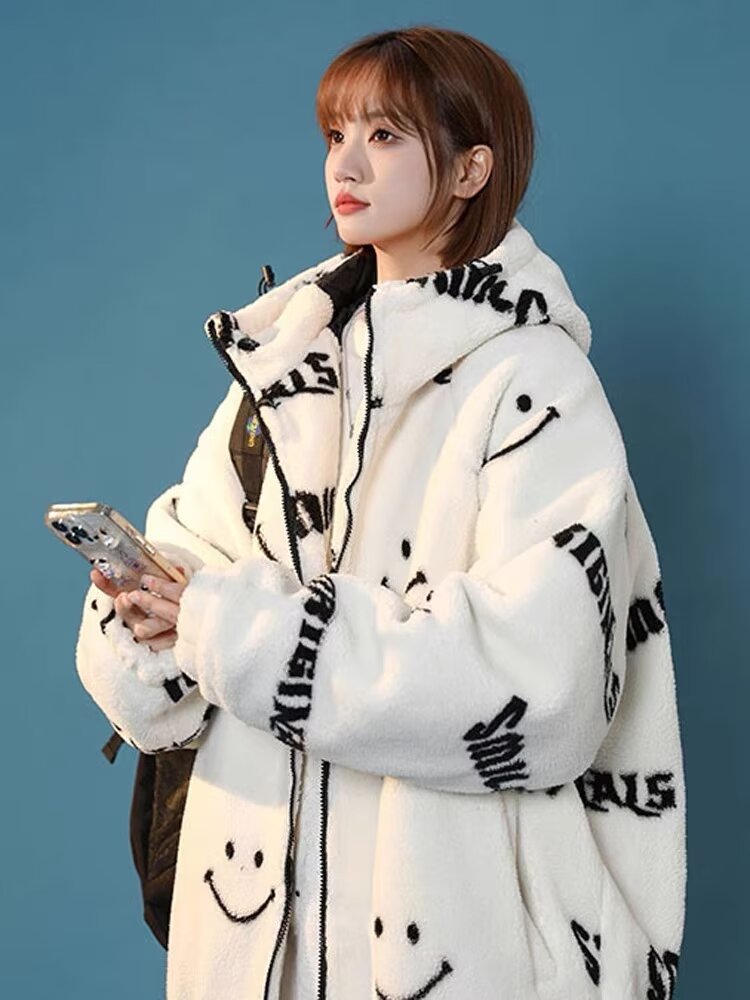 New autumn and winter stand-up collar smiley imitation lamb fur coat for women mid-length rabbit fur loose plush coat