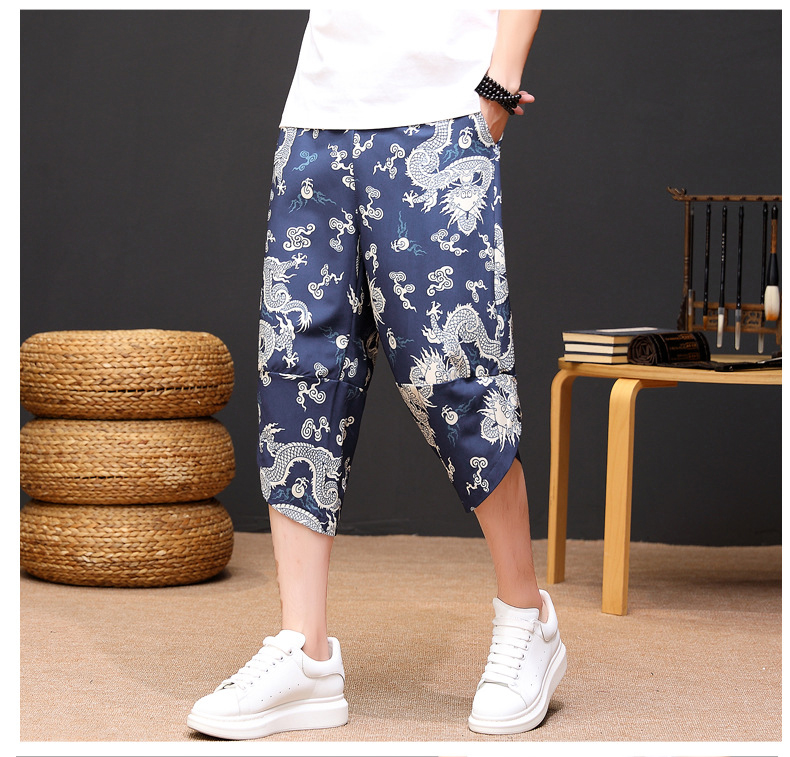 Summer literary and artistic printed ice silk loose and versatile harem pants elastic waist tie cropped pants for women and men