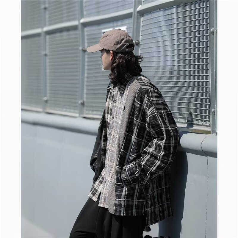 Frayed plaid shirt men's design sense street loose contrast color long-sleeved sun protection shirt retro thin jacket