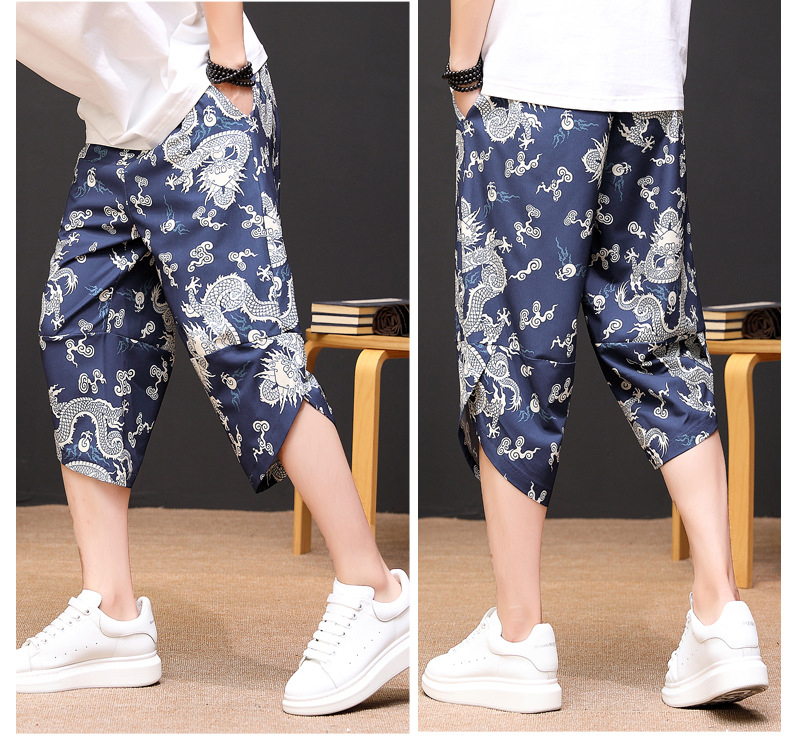 Summer literary and artistic printed ice silk loose and versatile harem pants elastic waist tie cropped pants for women and men