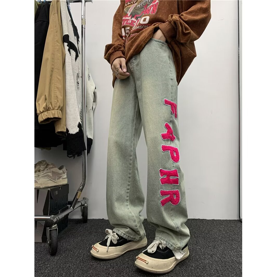 Large size American style graffiti print jeans design niche high waist loose straight casual wide leg pants