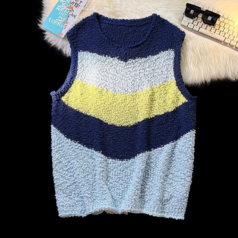 Round neck sweater vest for men autumn new trendy brand Japanese style lazy style color matching college style loose pullover sweater