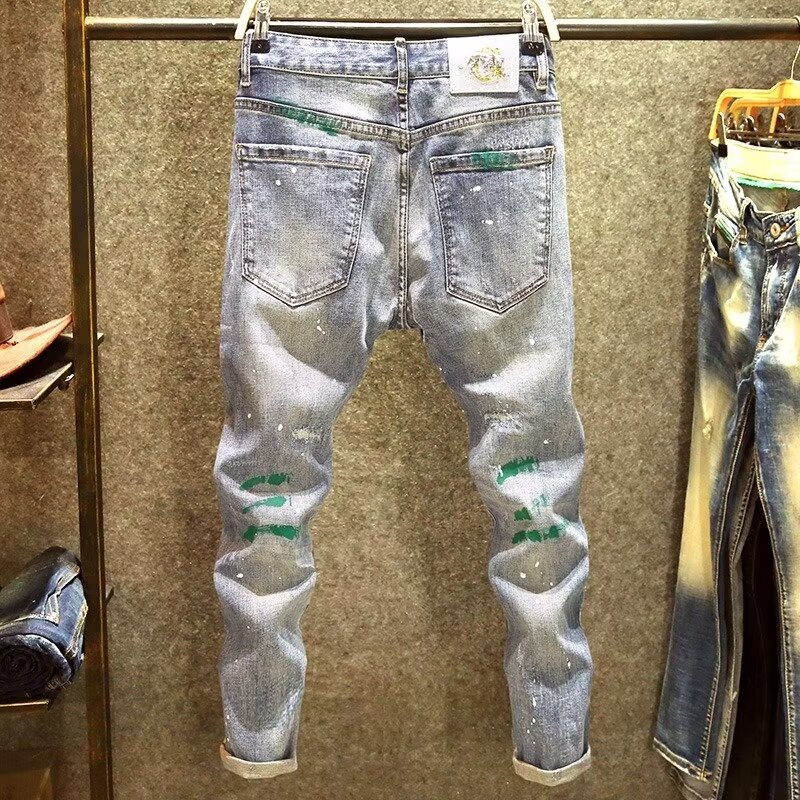 Can be returned or exchanged in second batch, spring and autumn ripped jeans, men's trendy brand, slim, irregular, street graffiti, small feet pants