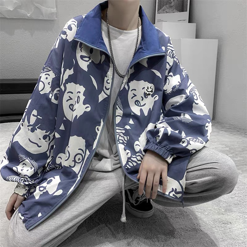  New Spring and Autumn Retro Trendy Brand Jacket Men's High Street Full Print Contrast Color Hooded Jacket Trendy