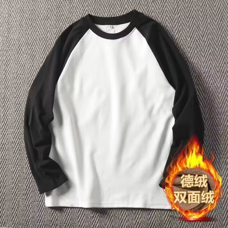 Can be returned or exchanged in second batch, new Japanese retro raglan contrasting color long-sleeved T-shirt double-sided German velvet thick bottoming shirt for men