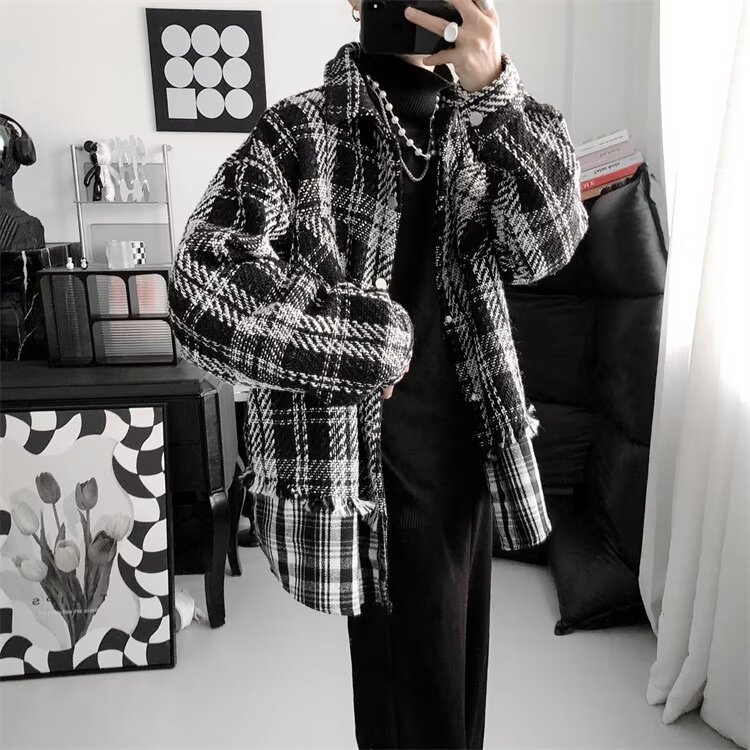 Fake two pieces of small fragrant style woven splicing plaid jacket women's trendy brand ins design niche casual handsome jacket