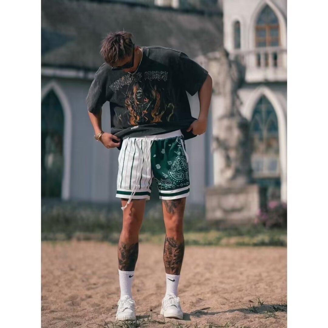 American retro mesh basketball shorts men's knee-length sports fitness graffiti loose casual quick-drying shorts