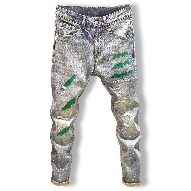 Can be returned or exchanged in second batch, spring and autumn ripped jeans, men's trendy brand, slim, irregular, street graffiti, small feet pants