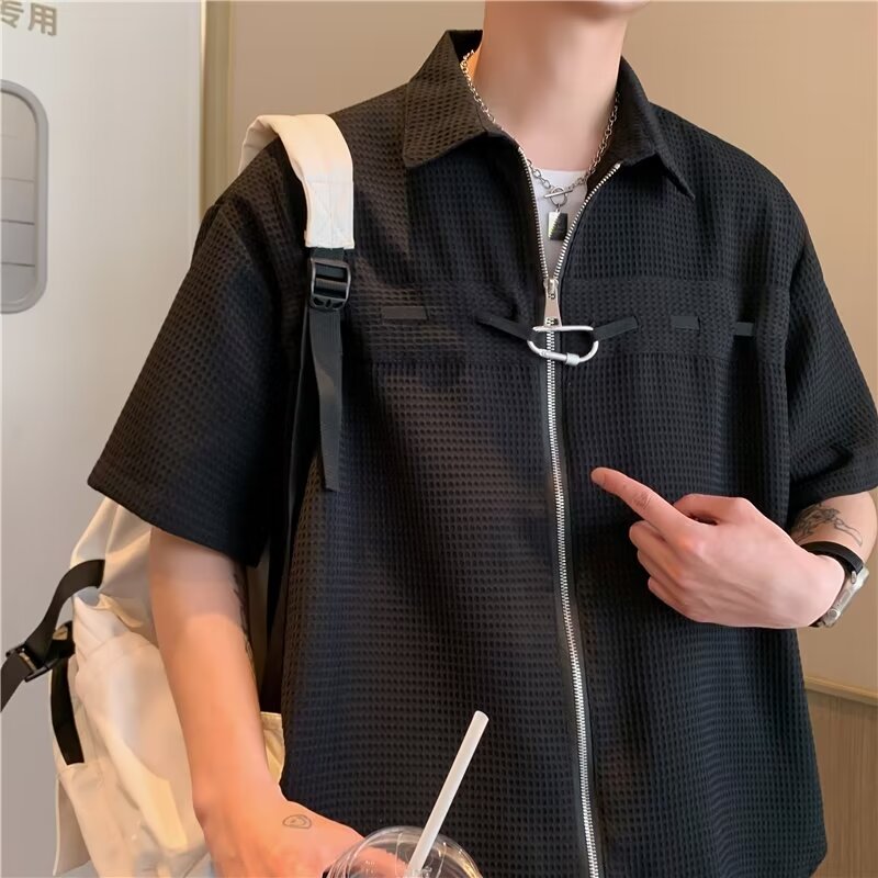 American Bf workwear short-sleeved shirt for men 2024 summer Hong Kong style design zipper loose casual shirt