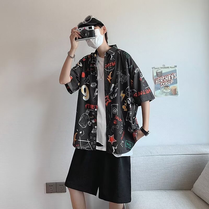 Summer Thin Retro Beach Floral Shirt Pi Shuai Tai Hawaiian Hong Kong Style Loose Men's Beach Floral Fancy Shirt