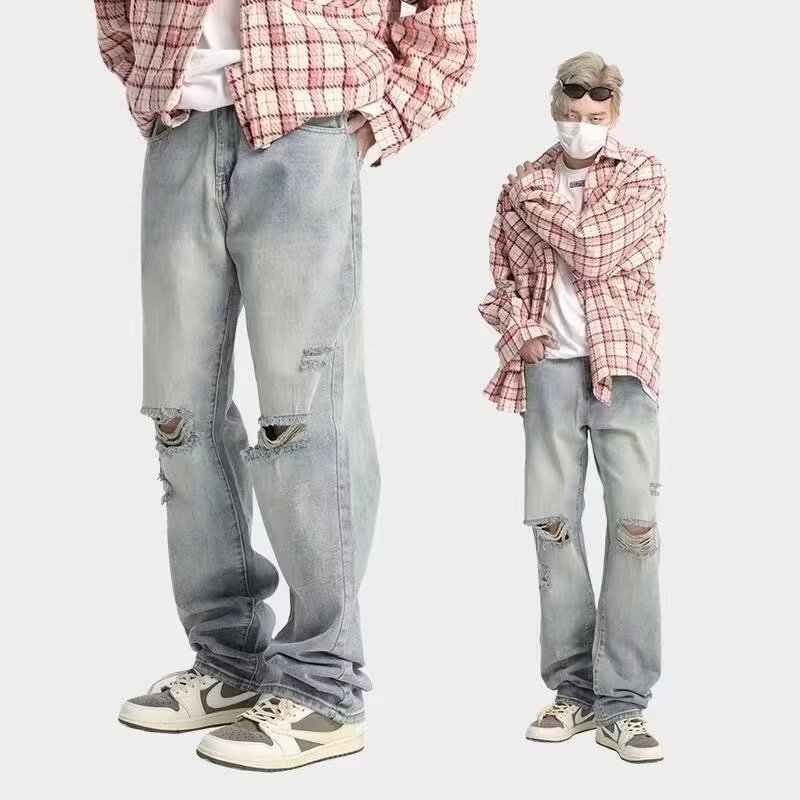 Real shot of loose design niche ripped high waisted wide leg jeans for men 2024 summer new slim floor mopping pants