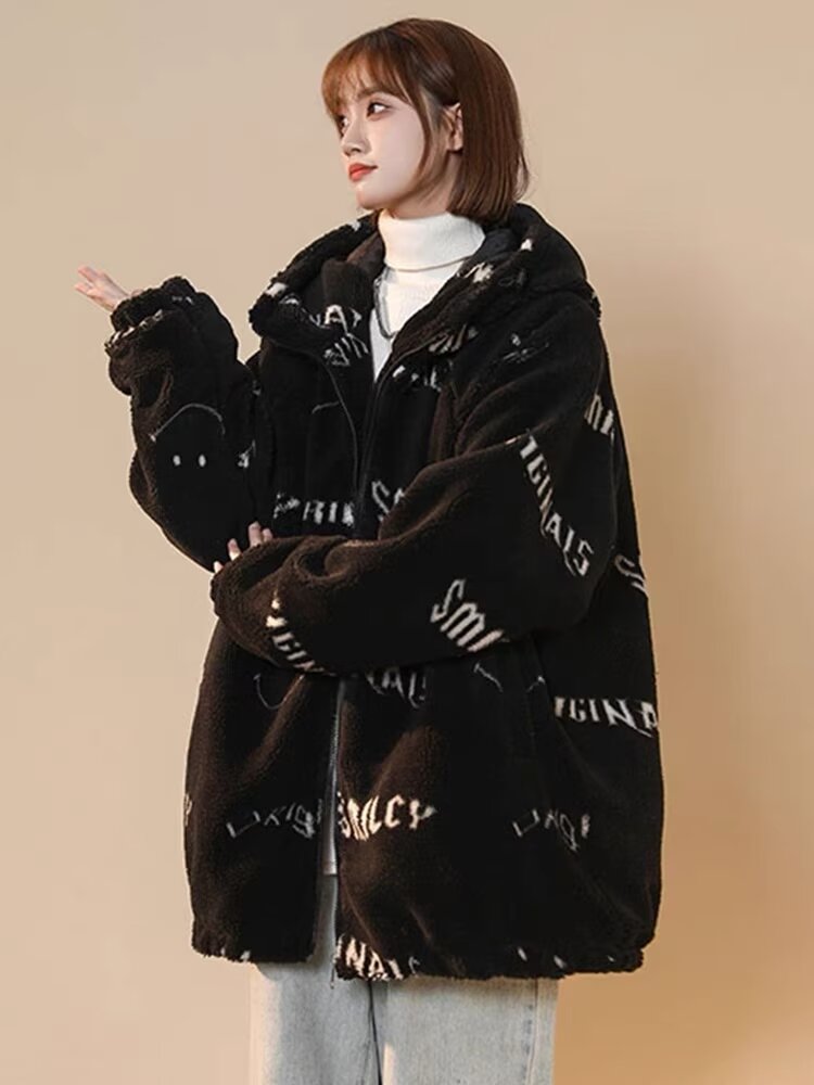 New autumn and winter stand-up collar smiley imitation lamb fur coat for women mid-length rabbit fur loose plush coat