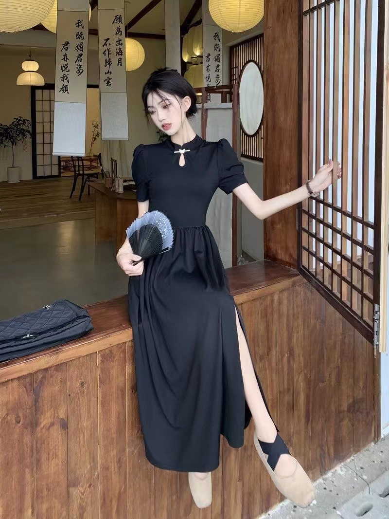 中式国风改良旗袍黑色修身连衣裙女侧边开叉夏季泡泡