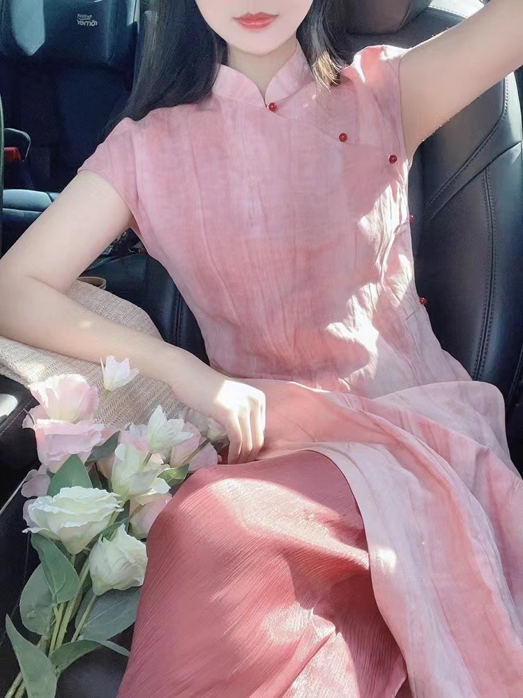 新中式女装蜜桃粉色国风立领改良旗袍春夏新款连衣裙仙女超仙森
