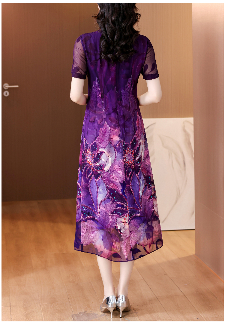 实拍新中式国风连衣裙夏季2024年新款气质紫色印花立领改良旗袍