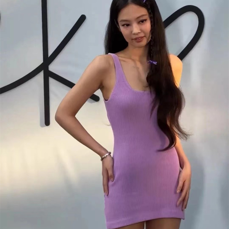 jennie金智妮同款紫色吊带连衣裙短款修身简约针织裙子女潮 