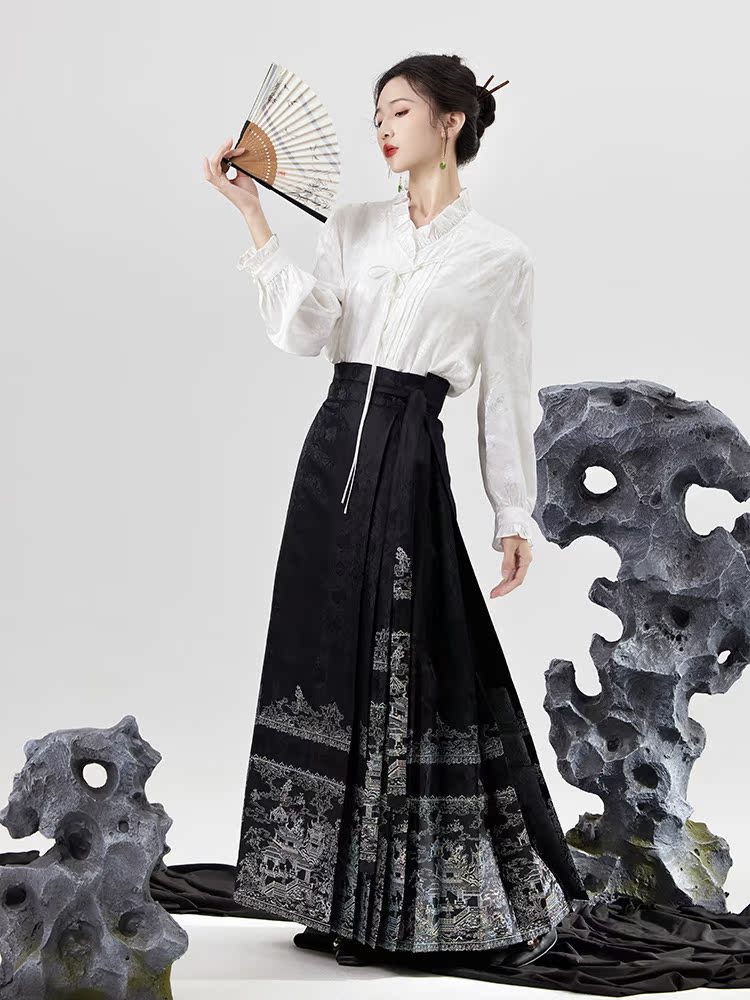 蓬莱仙境马面裙新中式汉服显瘦高级国风织银仿螺钿长裙 