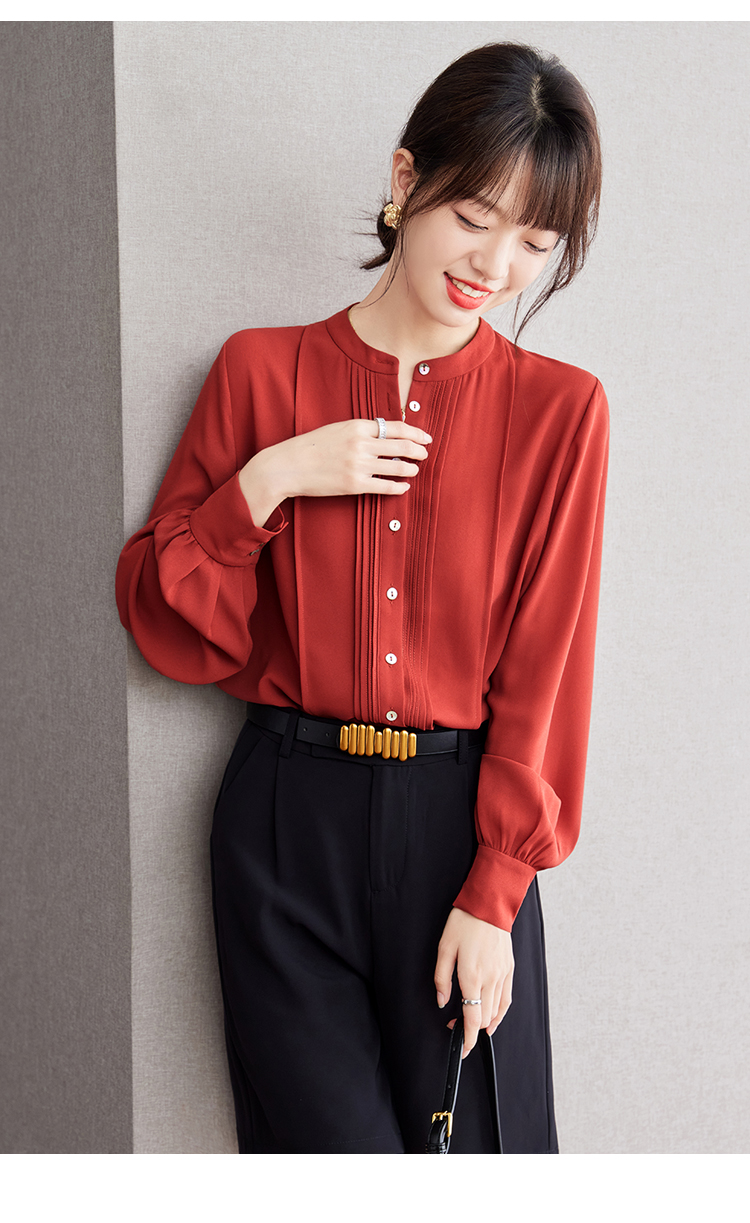 实拍◆现货◆砖红色雪纺垂感衬衫女上衣秋季2023新款宽松长袖衬衣