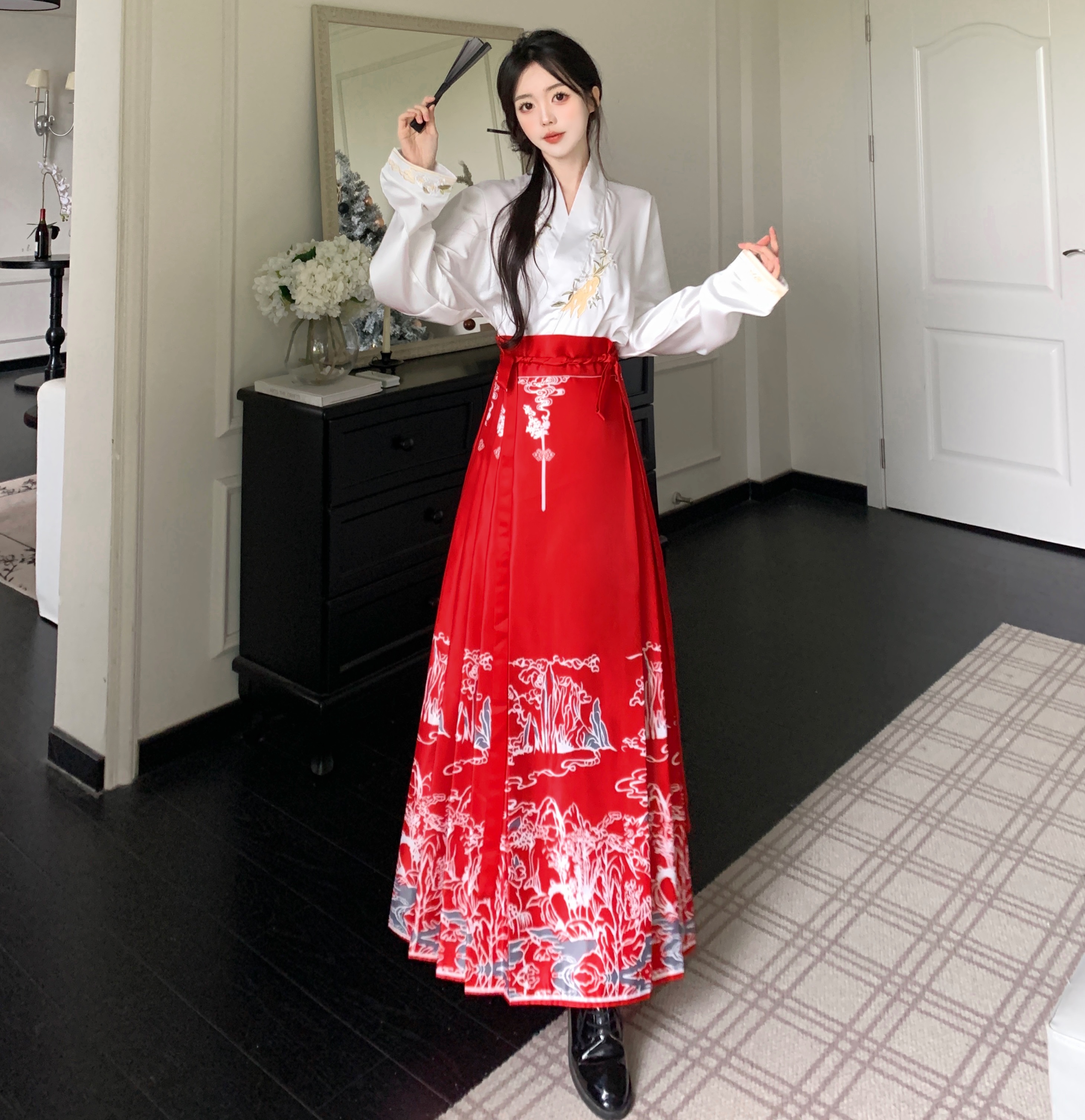 实拍~2024新款新中式国风女装日常马面裙套装红色改良汉服两件… 