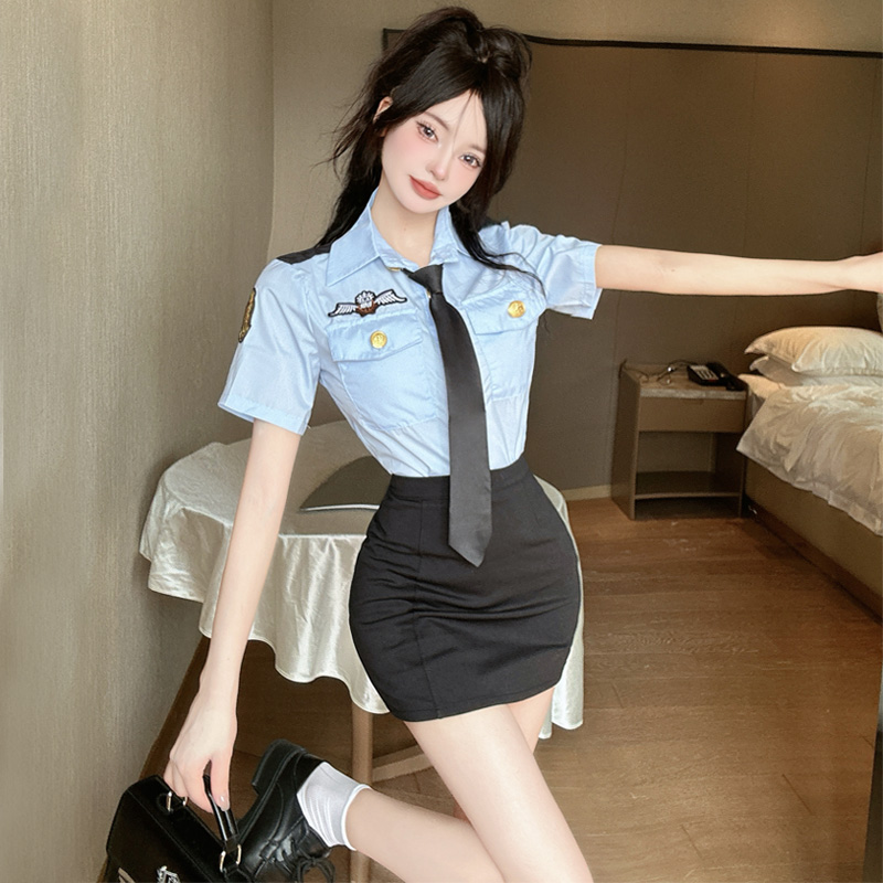 空姐jk制服套装女夏季职业装蓝色短袖衬衫紧身包臀裙工作服两件