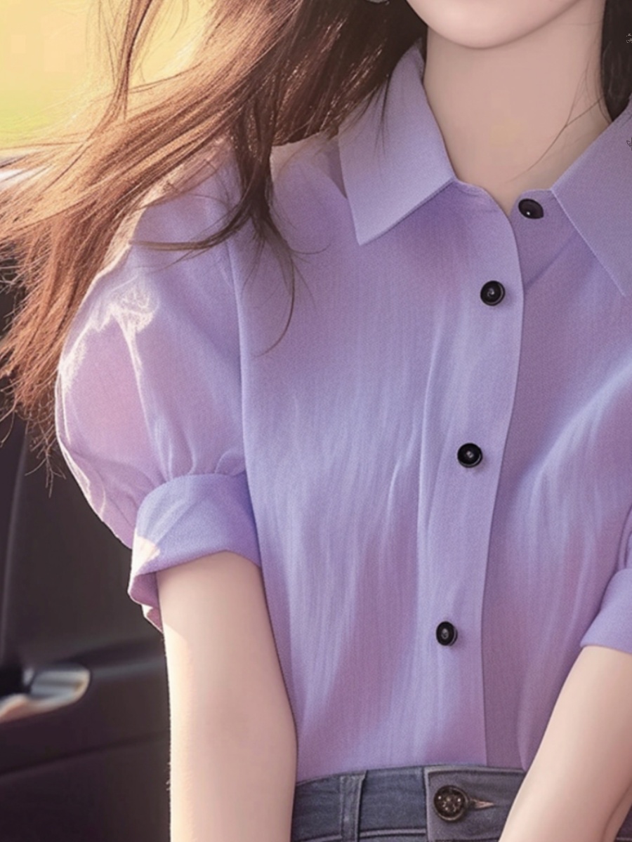 洋气独特别致上衣夏款女装2024新款小衫淡紫色polo领泡泡短袖衬