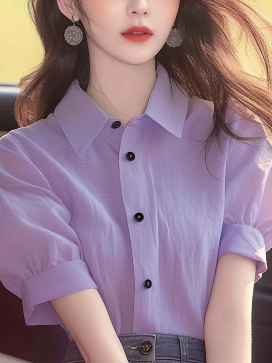 洋气独特别致上衣夏款女装2024新款小衫淡紫色polo领泡泡短袖衬