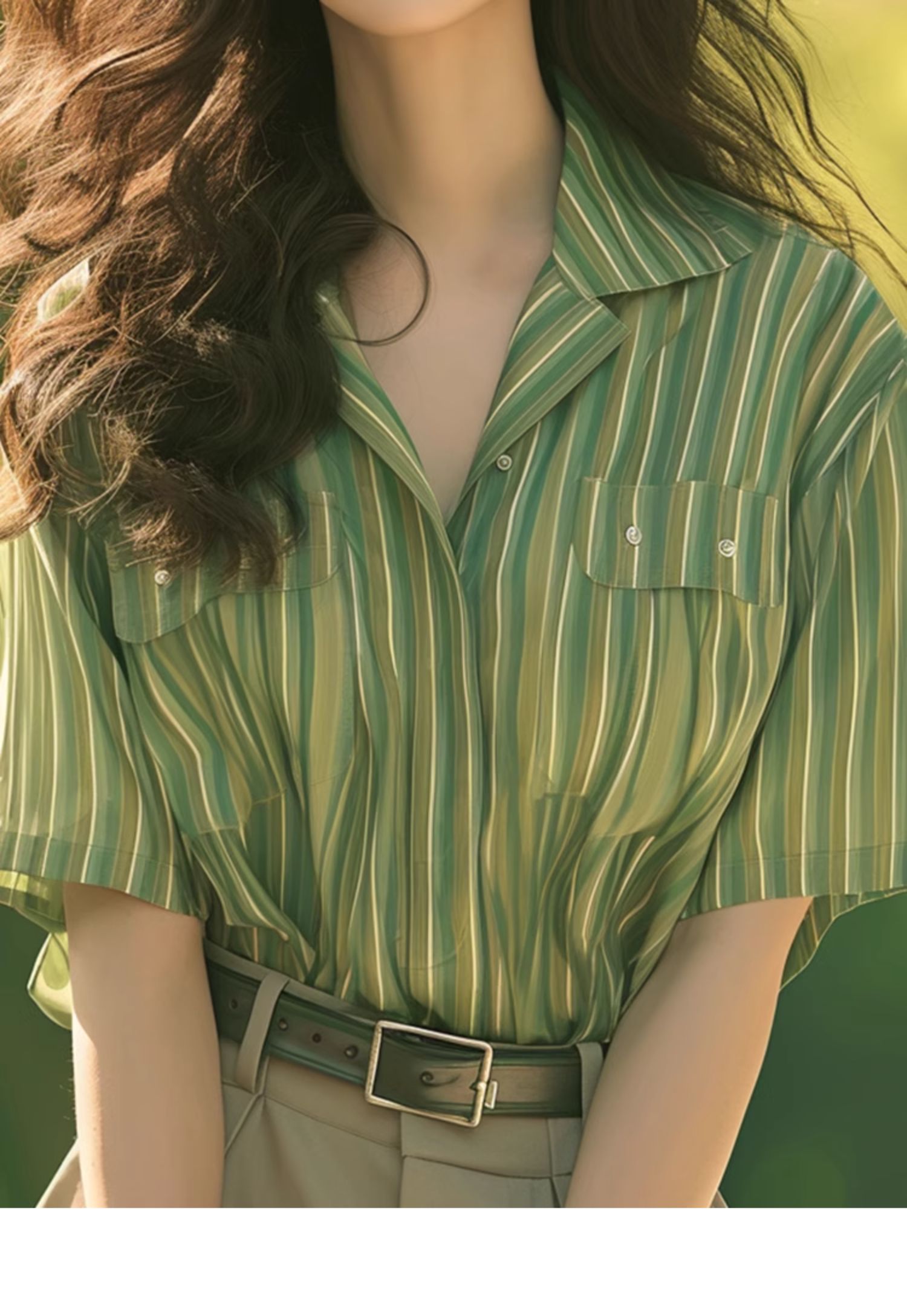 今年流行漂亮小衫薄荷曼波风法式独特别致气质绿色条纹衬衫女夏