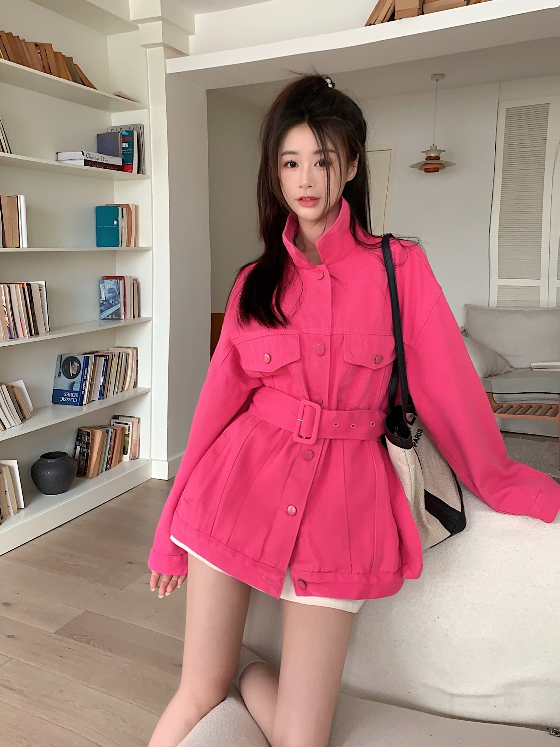 实拍实价~韩版春季新款洋气束腰带不对称前长后短玫粉色牛仔外套 
