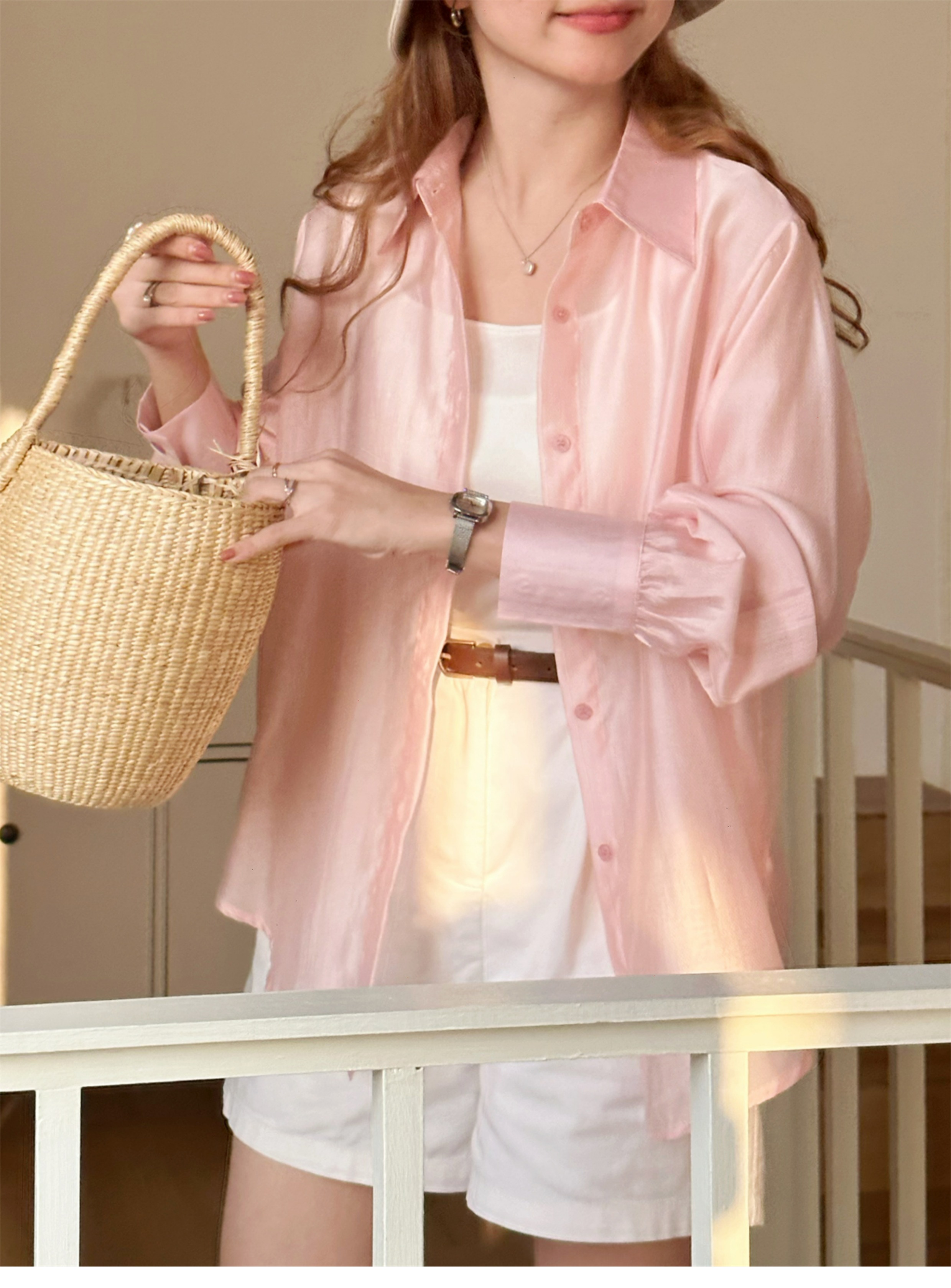 粉色天丝慵懒休闲衬衫女夏季新款韩版宽松百搭气质长袖防晒衬衣