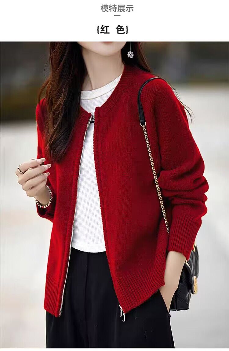 新款圆领羊绒开衫女双拉链红色毛衣外套气质宽松短款针织上衣 
