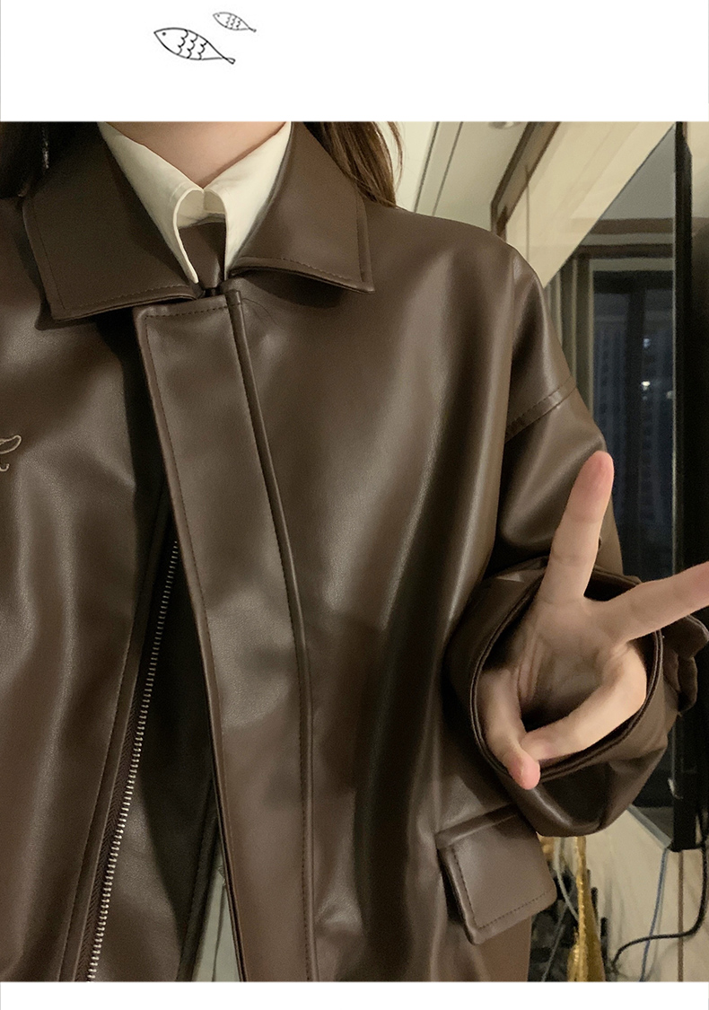 实拍 皮衣外套女pu2024春季新款开衫棕色美式复古学院风皮夹克 