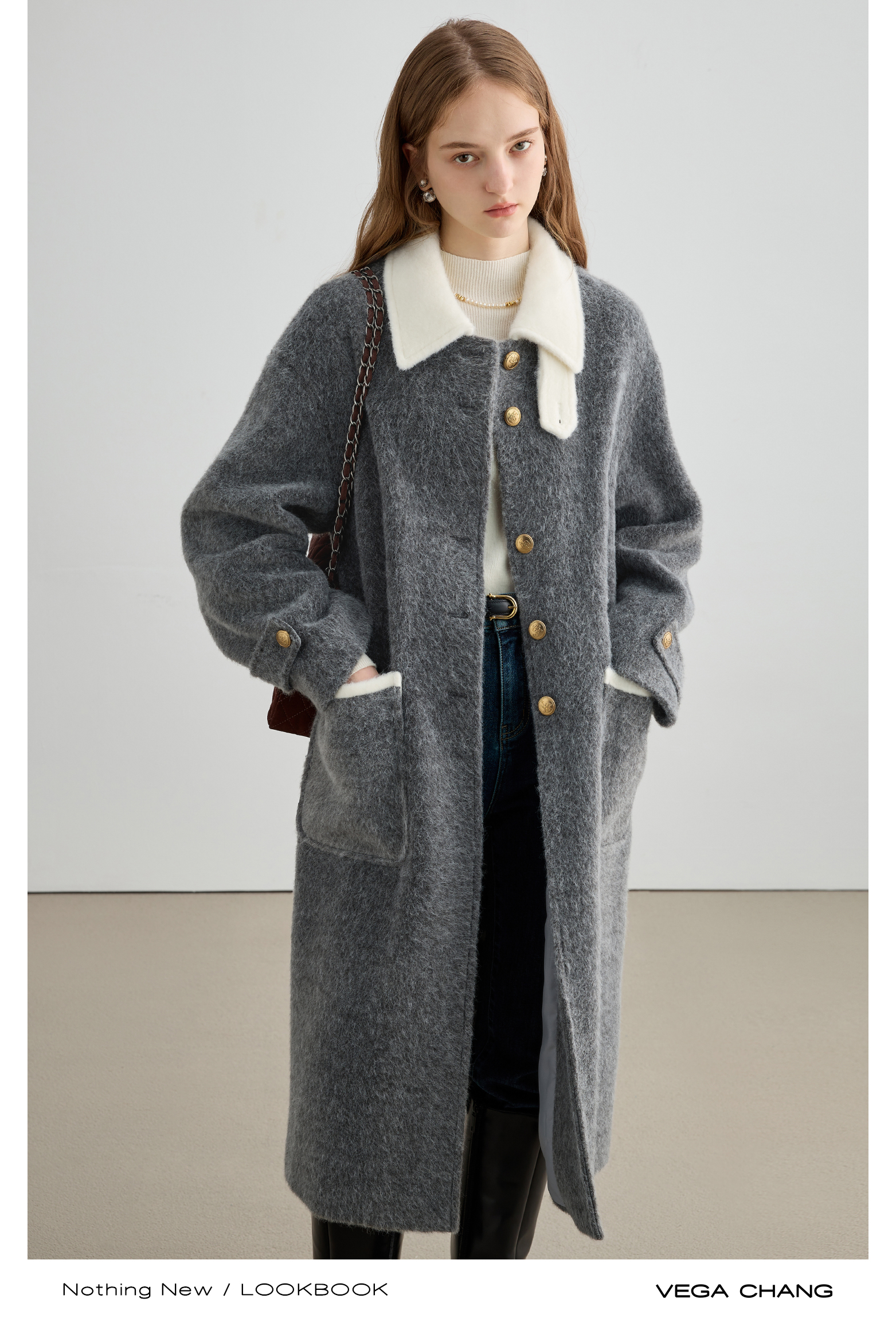 vega chang羊毛呢子大衣女2023年秋冬新款撞色领显瘦气质毛呢外套