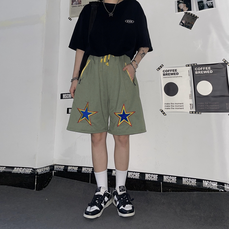 [Real shot embroidery] Five-pointed star patch embroidery summer loose drawstring shorts five-point pants