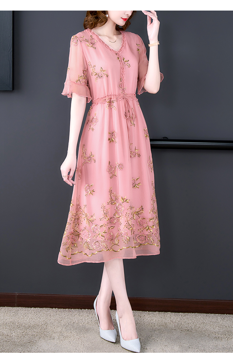 2024春季新款高档重磅真丝桑蚕丝连衣裙夏季女装优雅气质粉色裙