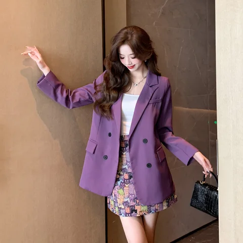 开春新款2024时尚洋气高级感紫色西装外套 猫咪印花a字半身裙套
