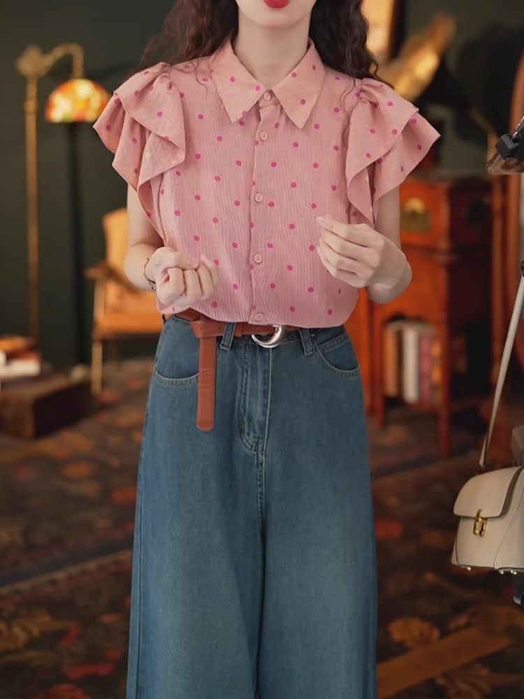夏季粉色波点短袖衬衫女荷叶边双层袖显瘦上衣设计感独特别致衬