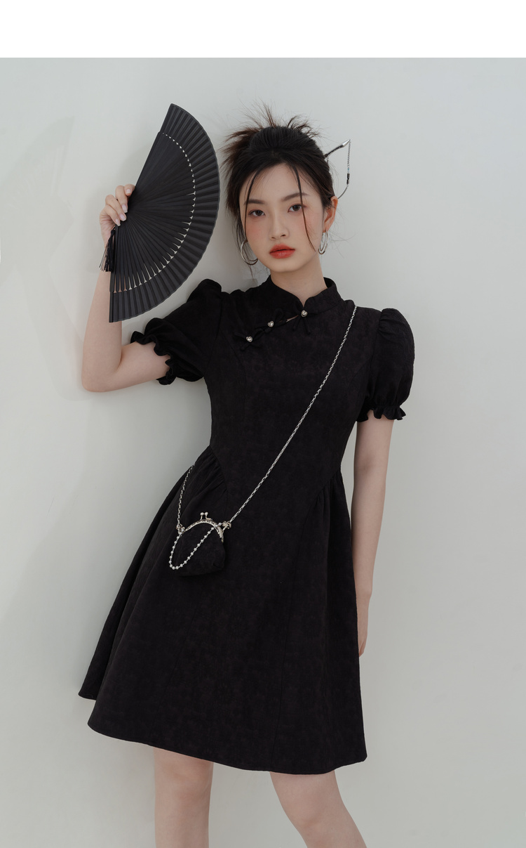 loveheynew新中式改良旗袍黑色连衣裙女夏季2022新款短袖显瘦裙子