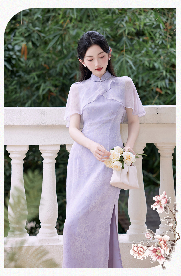 实拍现货紫气旗袍裙改良雪纺连衣裙夏季平时可穿年轻款初恋气质