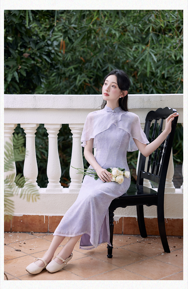 实拍现货紫气旗袍裙改良雪纺连衣裙夏季平时可穿年轻款初恋气质